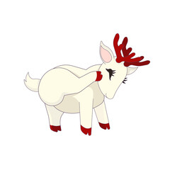 Adorable white deer with red hoofs and antlers is scratching on white isolated background, lined vector illustration in Cartoon style, concept of Cute Animals, Christmas, Woodland life and Cartoon.