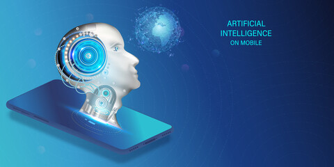 Artificial intelligence provide access to information and data in online smartphone or on mobile. AI in the form of face man cyborg or bot coming out of the screen phone