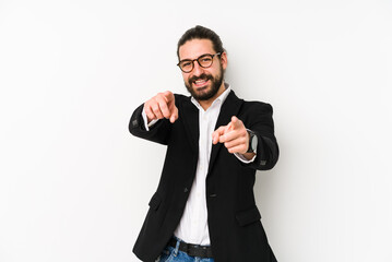 Young caucasian business man isolated on a white background cheerful smiles pointing to front.