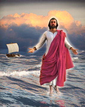 Jesus Christ walking on water with the disciples in a fishing boat