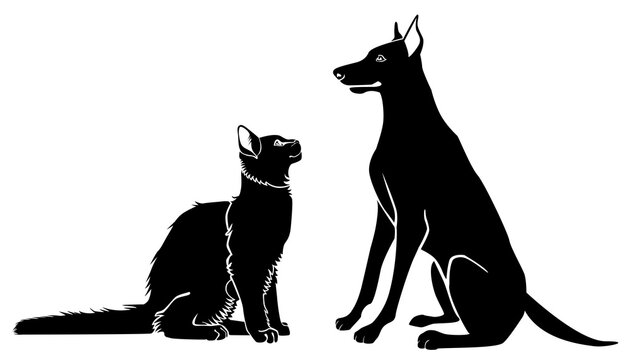 Cat and dog sit and look at each other. Vector monochrome image.