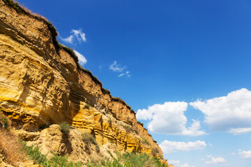 Landslide slope of mountain. Danger of rockfall, descent of stone avalanches. Mountain landscape of...