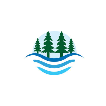 Forest trees with river logo design