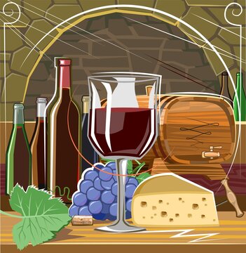 Wine Vault. Vector illustration. Barrels, bottles, cheese, grapes, stone walls. Product tasting. A glass of red wine.