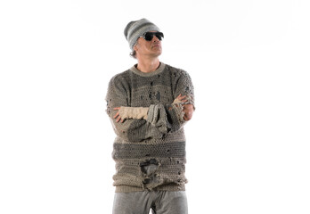 studio portrait of a homeless beggar