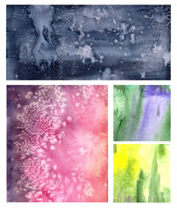 Abstract blue, pink, green, yellow watercolor background on white isolated background