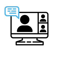 Video conference icon. Person on computer screen. Home office. Digital communication. Internet teaching media.