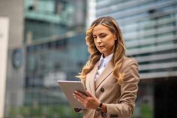 Blonde businesswoman using a digital tablet outdoor