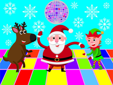 cute cartoon style illustration of christmas characters disco dancing in a nightclub