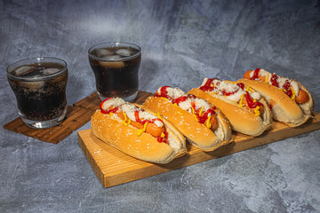 Hot dogs with sauces with two glasses of cola with ice