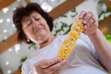 Senior woman in white t-shirt is holding in her hands a corn and looking at the corn with distaste. She holds in her hand bad quality corn without some grains. Poor harvest. Ecology problems