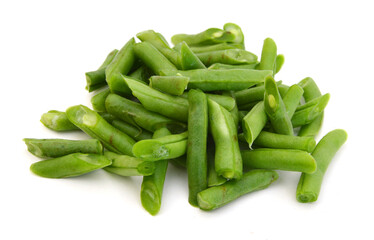 cut small and slender green beans (haricot vert) on a white background