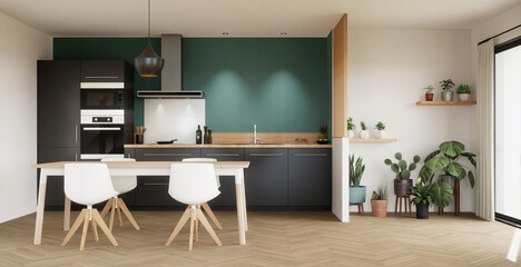 cuisine noire sur mur bleu canard, plancher bois vue 3d 03