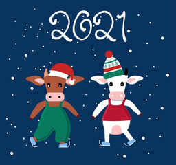 ПеCute cartoon Ox  and Cow in dress and scandinavian knitted hat skating.Happy Chinese New Year 2021,Merry Christmas card.Seasonal sale,gift card or promo flyer template.Bull family celebrating.Vector