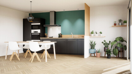 cuisine noire sur mur bleu canard, plancher bois vue 3d 01 