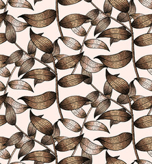 Seamless hand drawn brown leaves pattern,line art vector