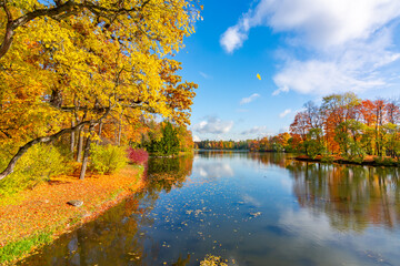 Fototapeta na wymiar AUtumn foliage and Grand pond in Catherine park, Pushkin (Tsarskoe Selo), Saint Petersburg, Russia