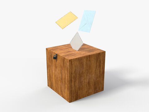 old style voting box with padlock and vote envelopes. 3D illustration, suitable for election, political and poll themes
