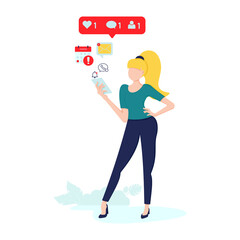 Vector illustration flat design, Business woman vector illustration. Working process  New email message  mail notification. Social network  chat  Girl reading letter  New incoming message  sms  spam.