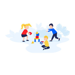 Vector illustration flat design, kids team communication, planning and concept development, brainstorming, team thinking, play together