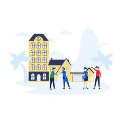 Vector illustration flat design, real estate business concept with houses, exchange of living space, presentation of a house, house for an apartment