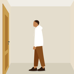 Male character stands in an empty room and looks at the door