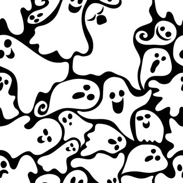 Seamless pattern with funny white ghosts on a black background. The spirits are celebrating Halloween. Monochrome isolated vector drawing in doodle style. Wallpaper, textile printing, wrapping paper, 