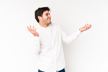 Young man isolated on white background joyful laughing a lot. Happiness concept.