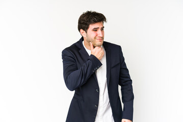 Young business man isolated on white background suffers pain in throat due a virus or infection.