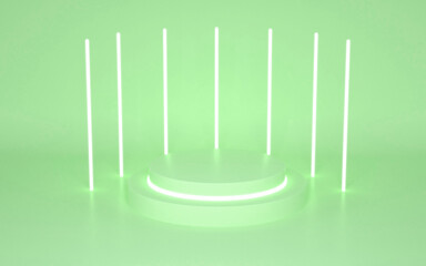 3D illustration of green geometric podium for product presentation with lights. Abstract geometric background with light colors.