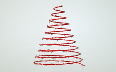 3D illustration of red Christmas tree in white background with lights.