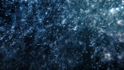 Obraz premium Effervescent blue silver glitter particles, macroscopic shining bokeh and sparks 3D illustration background. Festive and abstract shimmering magic bright event and New Year particles and twinkles