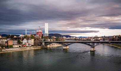 Naklejka premium View on the Wettstein Bridge (Wettsteinbruecke) over the Rhein river in the city of Basel, Switzerland