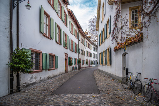 Quiet deserted street in pre-Christmas time in the old city of Basel, Switzerland