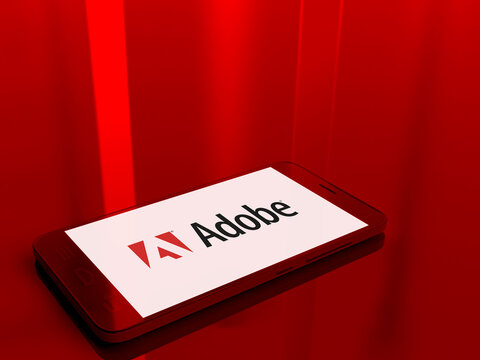 Adobe logo on the screen of a smartphone - bright and vibrant monochrome 3D illustration - American multinational computer software company - Poitiers, France, August 25, 2020