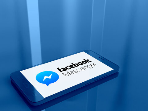 Facebook Messenger logo on the screen of a smartphone - bright and vibrant monochrome 3D illustration - American messaging app and platform - Poitiers, France, August 25, 2020