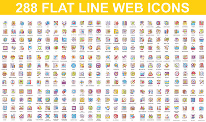 Fototapeta na wymiar Bundle vector flat line icons concept. Contain such Icons as People, Marketing, Security, Business, Education, Commerce, Delivery, Finance and more. UI, UX vector icon. Color linear pictogram pack.