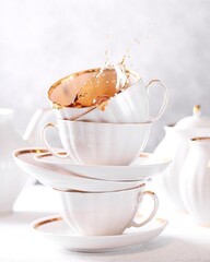 on a white background, cups and saucers stand on top of each other,and tea is poured out of the top Cup
