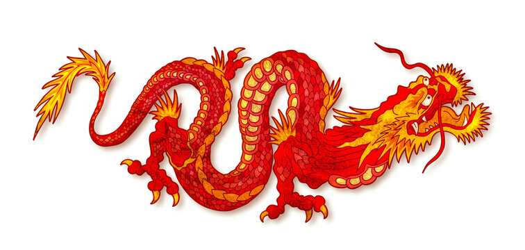 Red asian dragon on white background