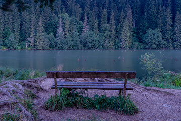 Wooden bench by the water's edge. Red Lake, Romania
