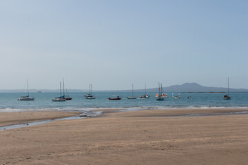 Obraz premium North Shore, New Zealand - November 25 2019: the view of boats at Waiake beach and Rangitoto island on background on November 25 2019 in Auckland, New Zealand.