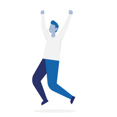 Joyful businessman jumping in office room. Color vector illustration