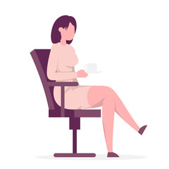 Fototapeta na wymiar Businesswoman sitting on office chair and holding coffee cup. Color vector illustration