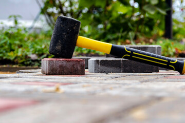The device of the sidewalk near the house. A bricklayer lays concrete paving stones for the...