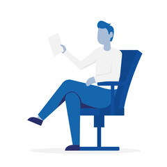 Man sitting on a chair with a document. Flat vector icon.