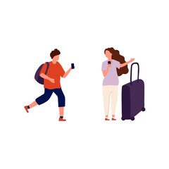Fototapeta na wymiar Different traveling people. A collection of mothers, fathers and children walking together at the airport or train station. A set of strolling parents and children with Luggage, isolated on a white