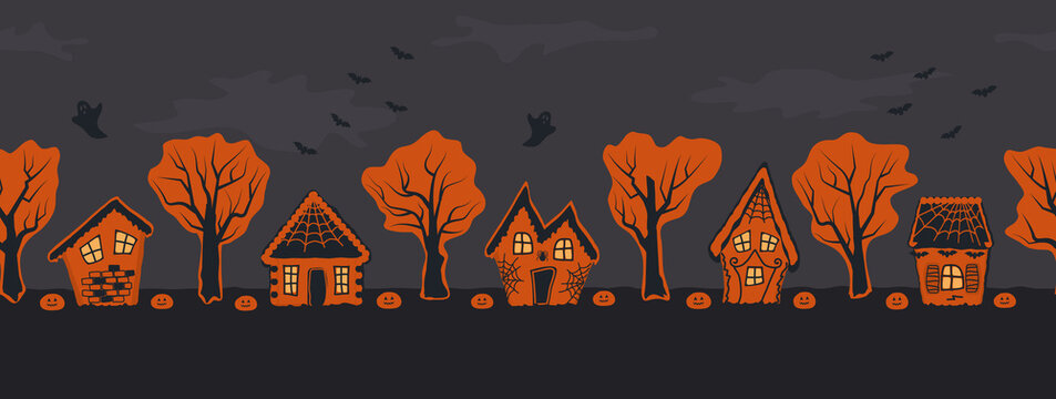 Halloween houses. Spooky village. Seamless border. Orange silhouettes of houses and trees on a black gray background. There are also bats, pumpkins and ghost in the picture. Vector illustration