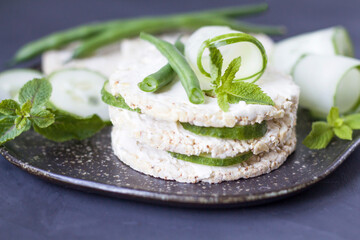 A sandwich on a tray. Sandwich with red fish and greens. A sandwich. Morning sandwich with cream cheese.copyspace