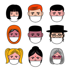 set of vector graphic icons of diverse people wearing face masks