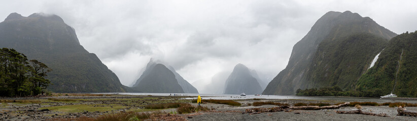 Panorama of Milford Sound during bad rainy weather, South Island/New Zealand